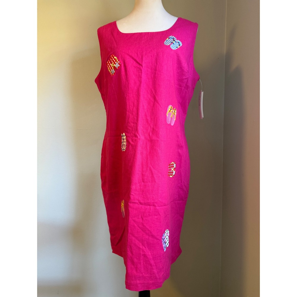 Linen retro Pink Linen Blend FlipFlop Embroidered Dress 12 NWT resort costal y2k